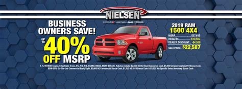 Nielsen dodge - Dodge Model Research Hub Chrysler Model Research Hub Jeep Model Research Hub Ram Model Research Hub Dodge Power Broker Financing Tools. Finance Application KBB Instant Cash Offer Process. Additional Vehicle Coverage Service & Parts Service Department. Schedule Your Service Appointment Schedule An …